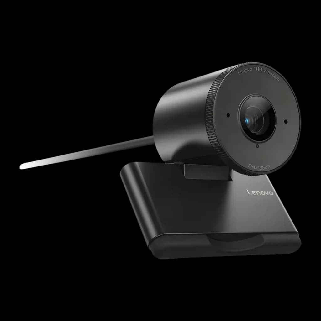 Webcam Lenovo FHD Full HD Preta 4XC1Q44952 - lente central, base com logo Lenovo e cabo USB estendido