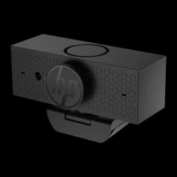 Webcam HP 620 Full HD Preto - lente central com logo HP, grelhas laterais e clipe de fixação