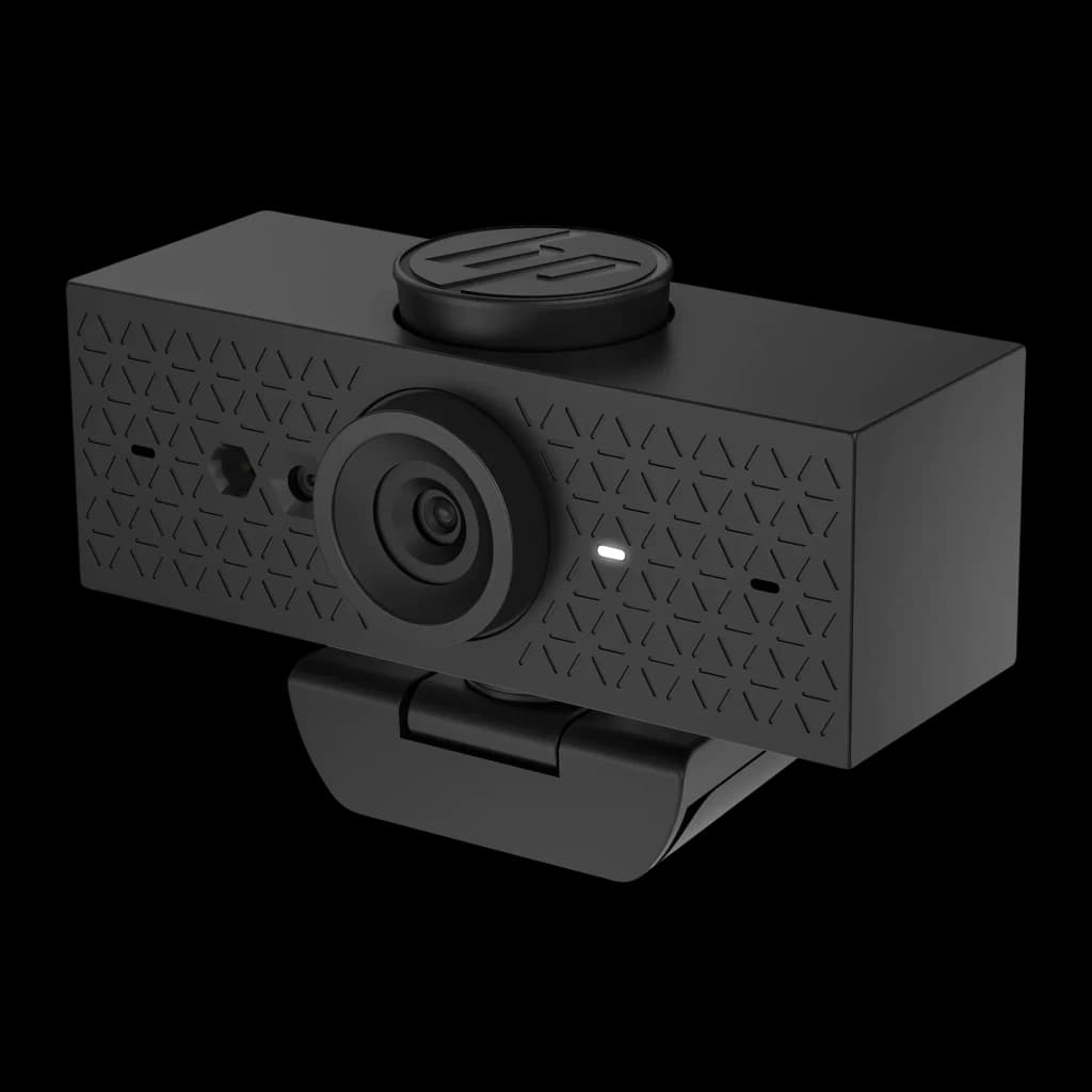 Webcam HP 620 Full HD Preto - lente central, tampa com logo HP e grelha geométrica lateral