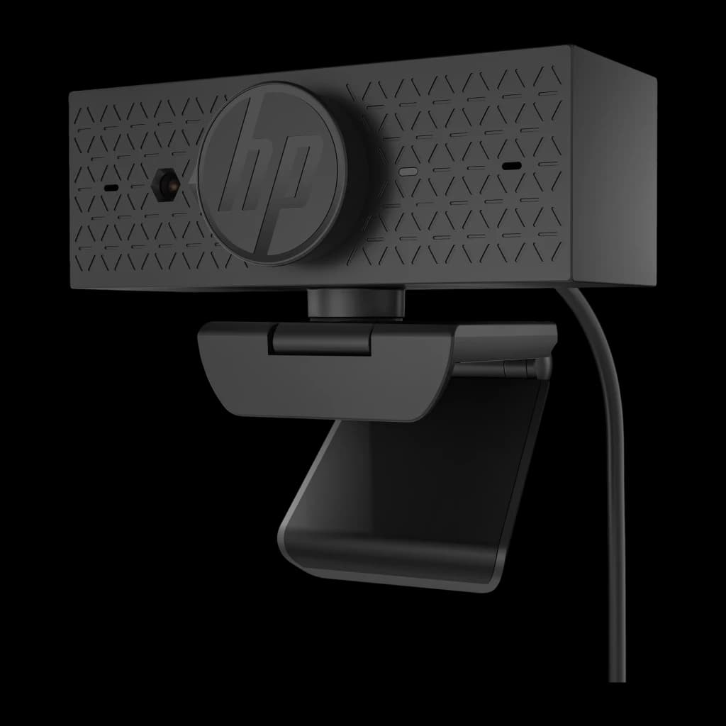 Webcam HP 620 Full HD Preto - tampa da lente com logo HP, padrão geométrico e clipe de fixação