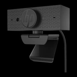 Webcam HP 620 Full HD Preto - tampa da lente com logo HP, padrão geométrico e clipe de fixação