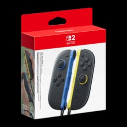 Manette de jeu vidéo Nintendo Joy-Con 2 Bleu et Jaune Sans Fil - packaging avant en angle avec la paire de manettes
