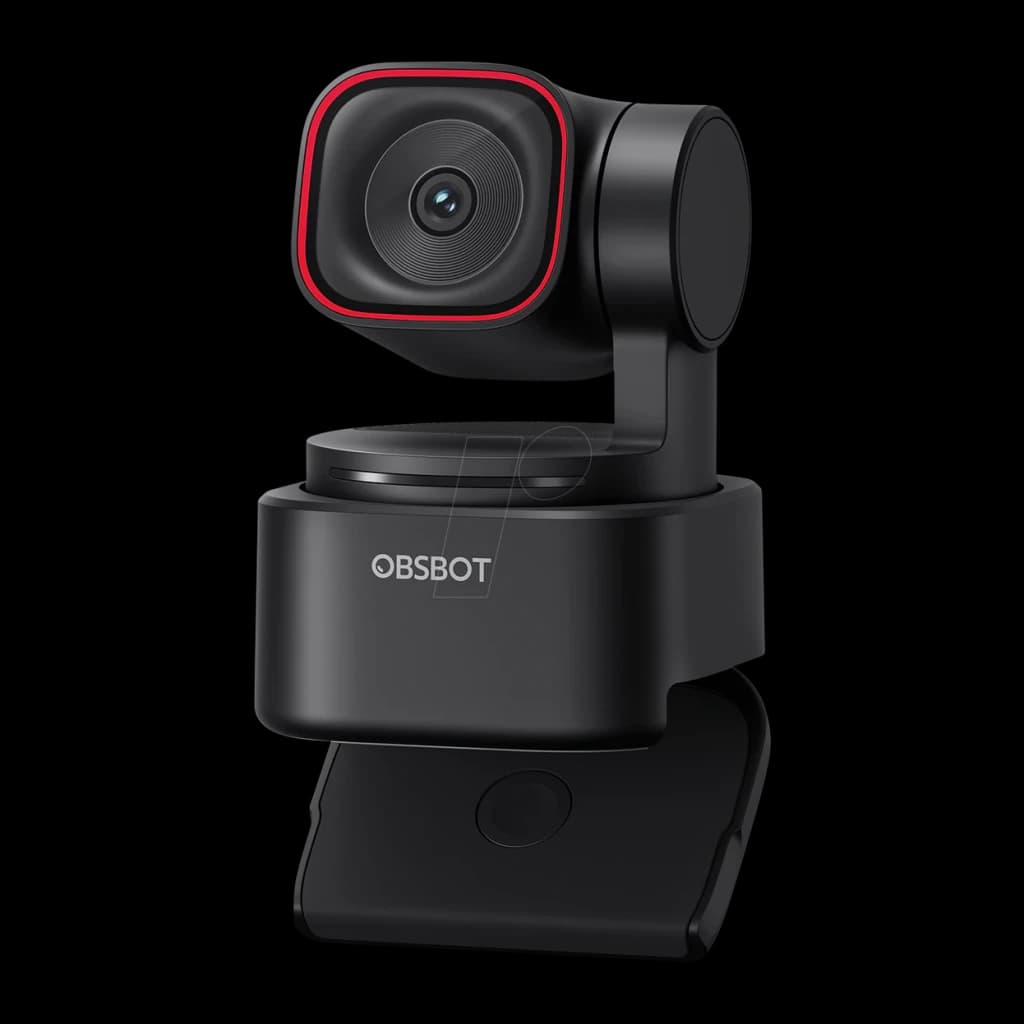 Webcam OBSBOT Tiny 3 Lite 4K Microfone - lente com aro vermelho, cabeça giratória e base com clipe