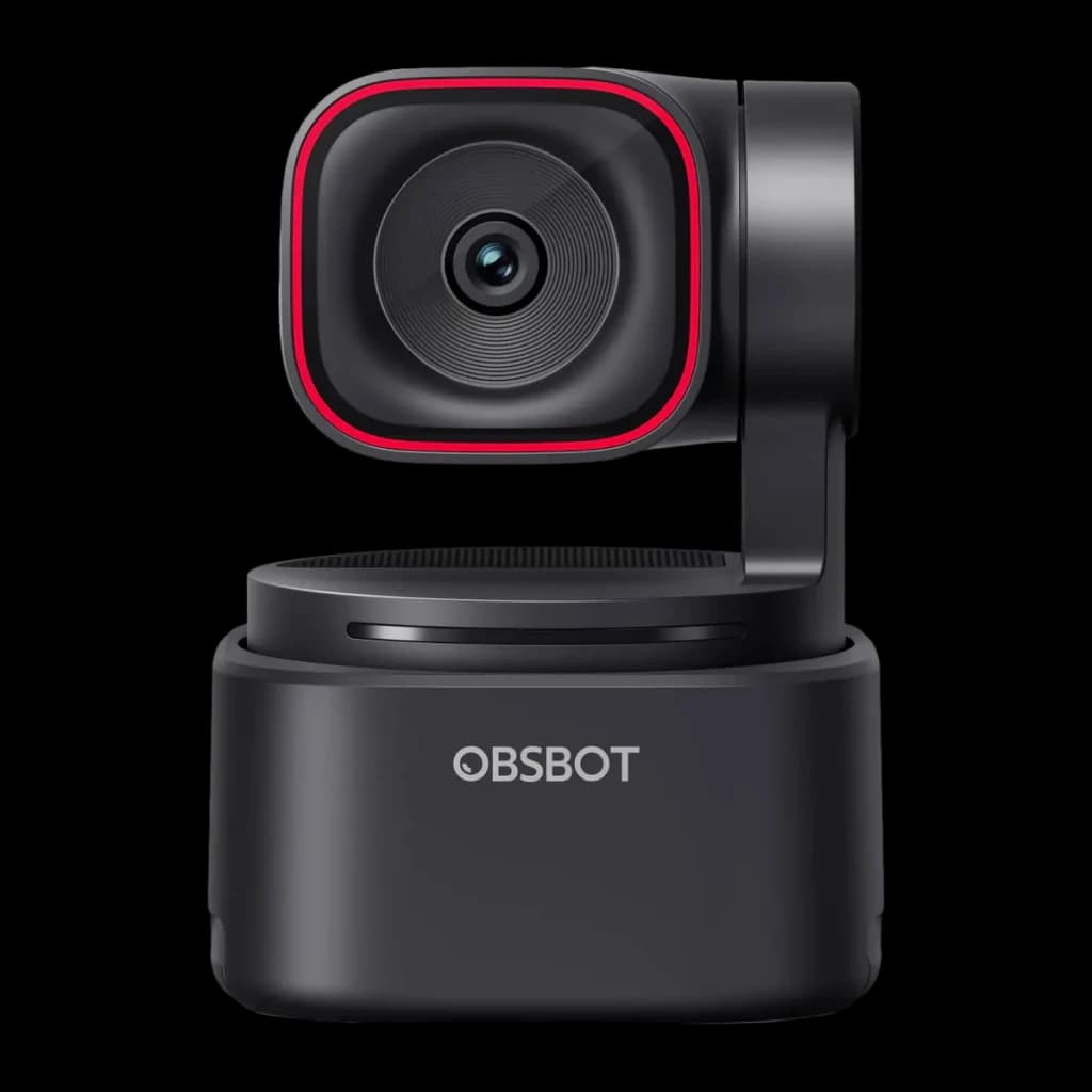 Webcam OBSBOT Tiny 3 Lite 4K Microfone - lente central com aro vermelho, base giratória e logo OBSBOT