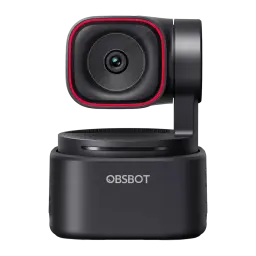Webcam OBSBOT Tiny 3 Lite 4K Microphone - objectif central avec anneau rouge, base rotative et logo OBSBOT