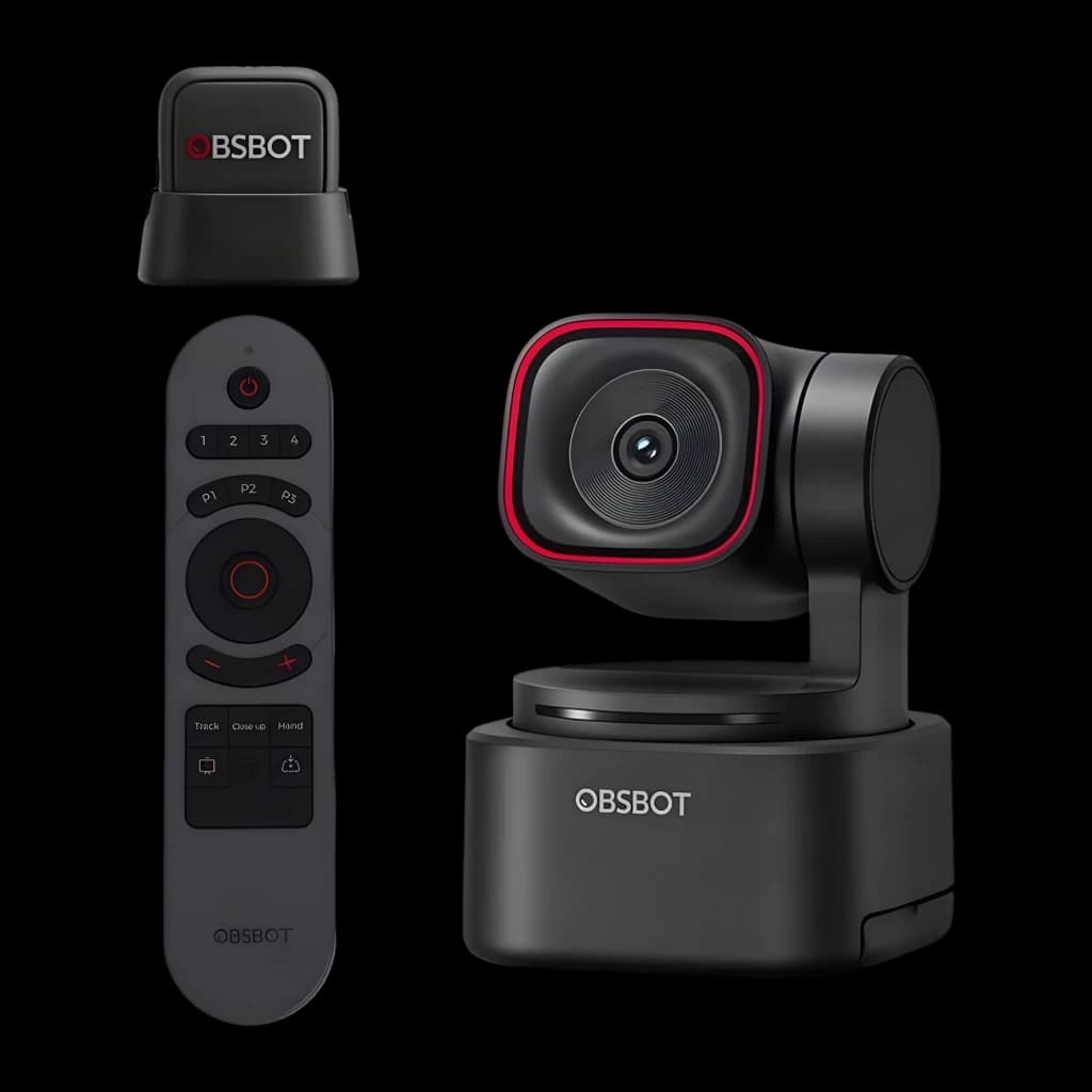 Webcam OBSBOT Tiny 3 Lite 4K Microfone - câmara com aro vermelho, controlo remoto e recetor USB preto