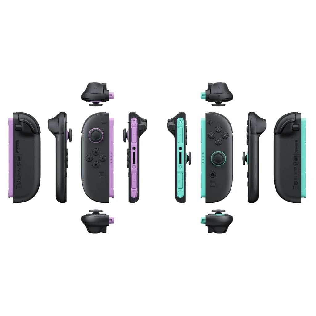 Manette de jeu Nintendo Joy-Con 2 Vert clair et Violet Sans fil - pièces démontées montrant rails et boutons