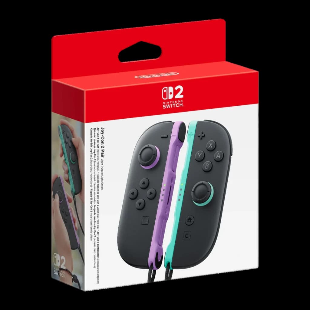 Manette de jeu Nintendo Joy-Con 2 Vert clair et Violet Sans fil - packaging en angle avec paire de manettes