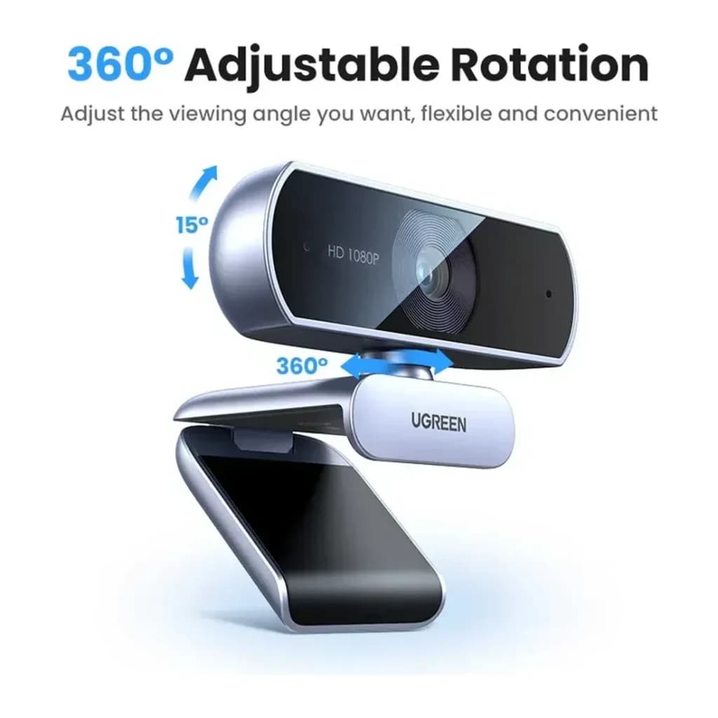 Webcam Ugreen CM678 Full HD Cinzento - rotação 360° e inclinação vertical 15° com setas azuis