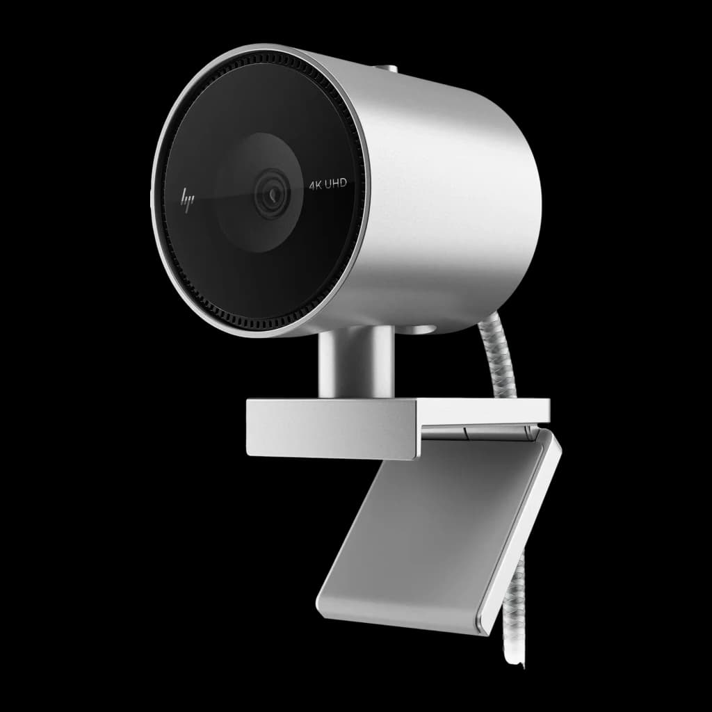 Webcam HP 950 4K Micrófono Negro - lente central, logo HP, etiqueta 4K UHD y clip metálico