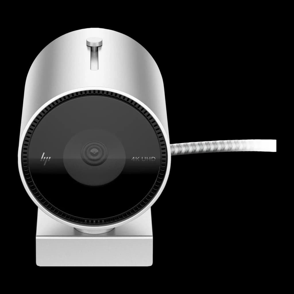 Webcam HP 950 4K Micrófono Negro - lente central, logo HP, etiqueta 4K UHD y cable trenzado