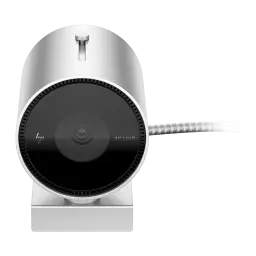 Webcam HP 950 4K Micrófono Negro - lente central, logo HP, etiqueta 4K UHD y cable trenzado