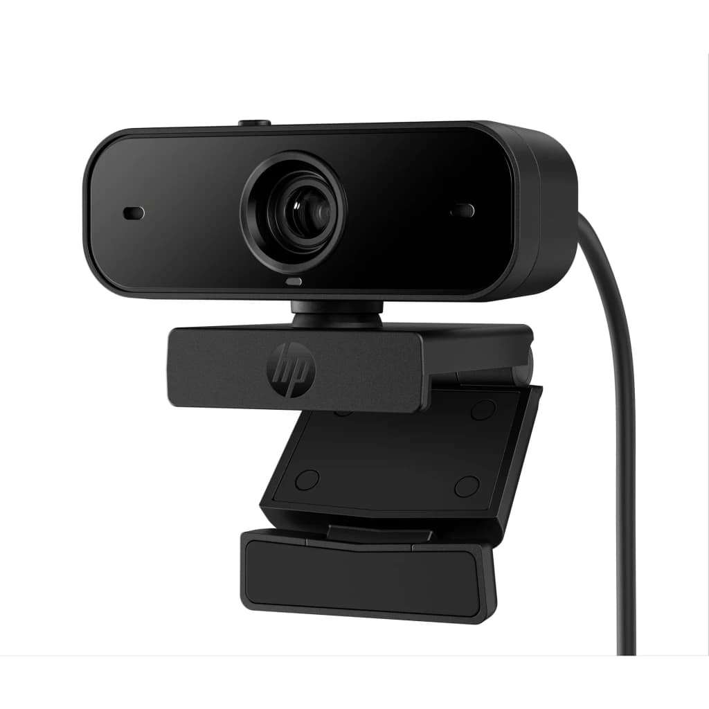 Webcam HP 430 FHD Full HD Preta - lente central, clipe de fixação com logo HP e cabo USB visíveis