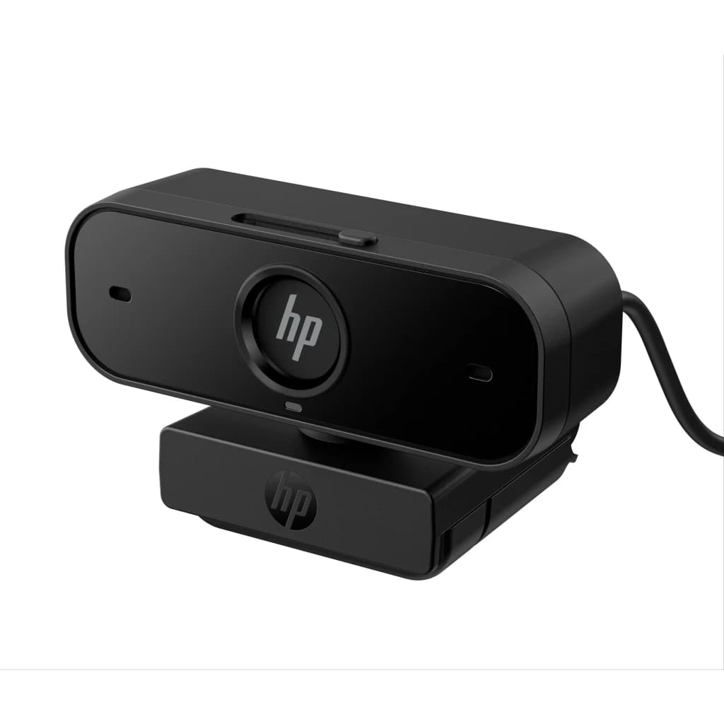 Webcam HP 430 FHD Full HD Preta - lente central com logo HP, clipe de fixação e cabo USB visíveis