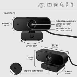 Webcam HP 430 FHD Full HD Preta - dimensões, inclinação 15°, rotação 360°, lente, suporte tripé e peso 127 g
