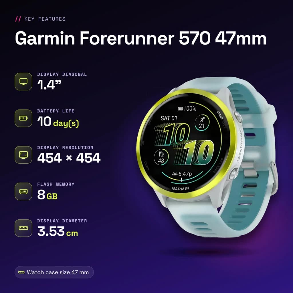 Garmin Forerunner 570 47mm GPS Batterie 10 Jours Blanc/Jaune - caractéristiques, AMOLED