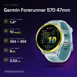 Garmin Forerunner 570 47mm GPS Batterie 10 Jours Blanc/Jaune - caractéristiques, AMOLED