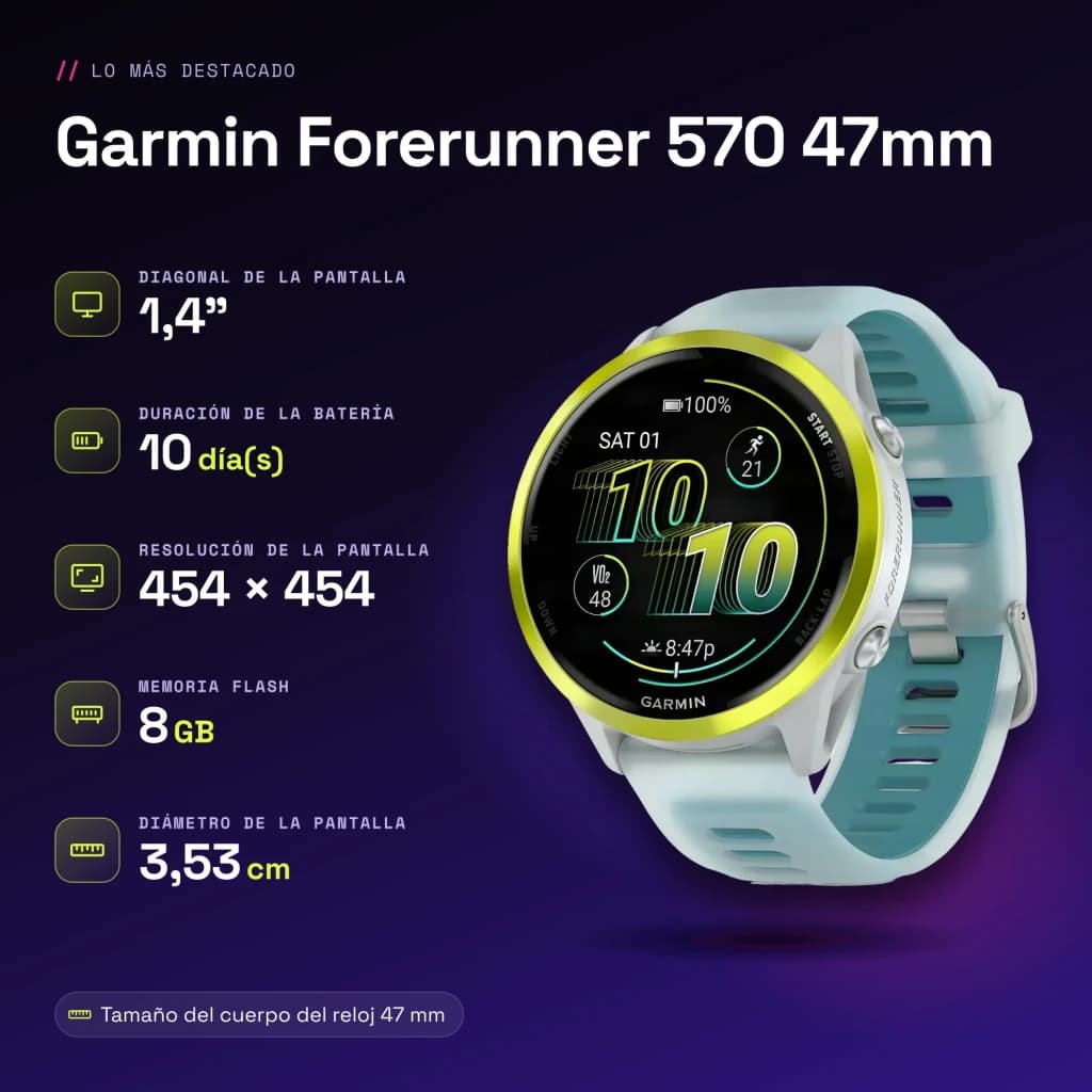 Garmin Forerunner 570 47mm GPS Batterie 10 Jours Blanc/Jaune - caractéristiques