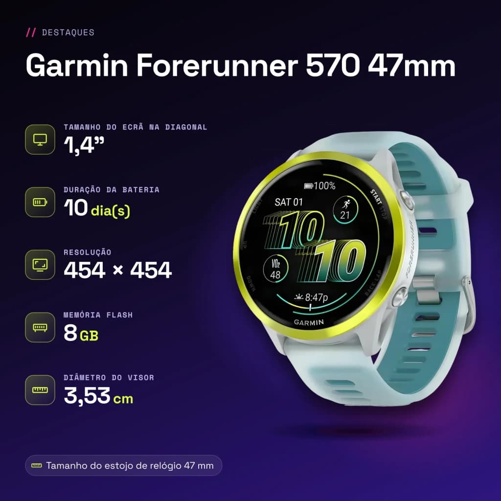Garmin Forerunner 570 47mm GPS Batterie 10 Jours Blanc/Jaune - caractéristiques, 47 mm