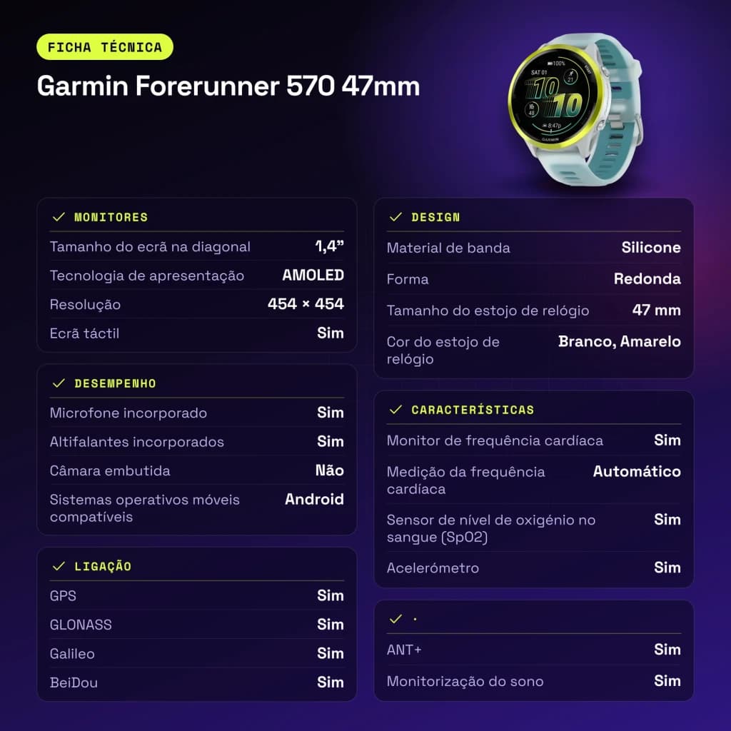 Garmin Forerunner 570 47mm GPS Batterie 10 Jours Blanc/Jaune - caractéristiques