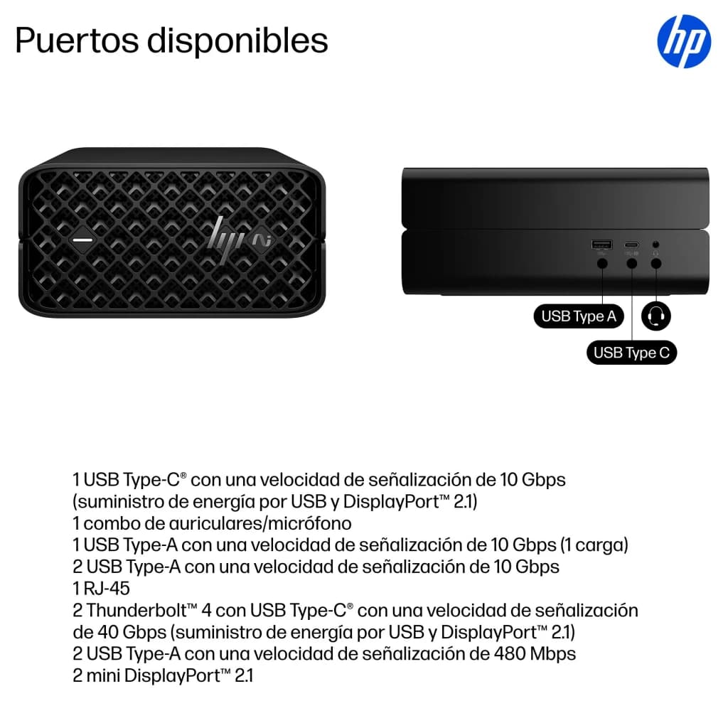 HP Z2 Mini G1a Wolf Pro Security Edition 128 Go/1 To SSD Noir de Jais WiFi 7 - vues avant et latérale avec USB Type-A