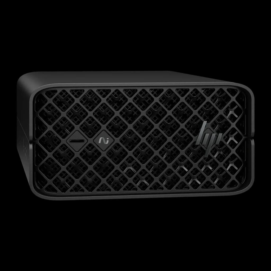 HP Z2 Mini G1a Wolf Pro Security Edition 128 Go/1 To SSD Noir de Jais WiFi 7 - grille avant avec badge AI