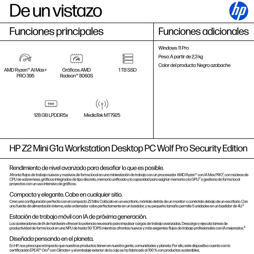 HP Z2 Mini G1a Wolf Pro Security Edition 128 Go/1 To SSD Noir de Jais WiFi 7 - AMD Ryzen AI Max+ PRO 395