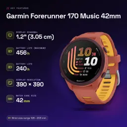 Garmin Forerunner 170 Music 42mm GPS 240h Rose - caractéristiques, 42 mm