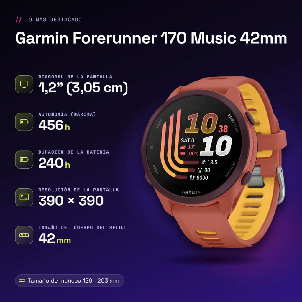 Garmin Forerunner 170 Music 42mm GPS 240h Rose - caractéristiques
