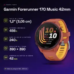 Garmin Forerunner 170 Music 42mm GPS 240h Rose - caractéristiques, 42,6 mm