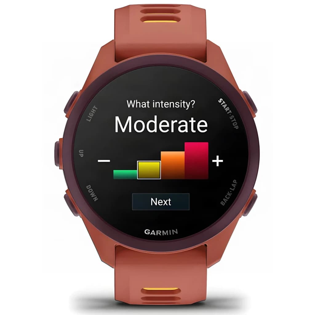 Garmin Forerunner 170 Music 42mm GPS 240h Rose - écran affichant le sélecteur d'intensité d'entraînement modérée