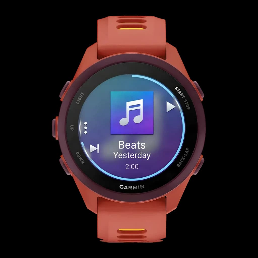 Garmin Forerunner 170 Music 42mm GPS 240h Rose - écran affichant le lecteur musical Beats