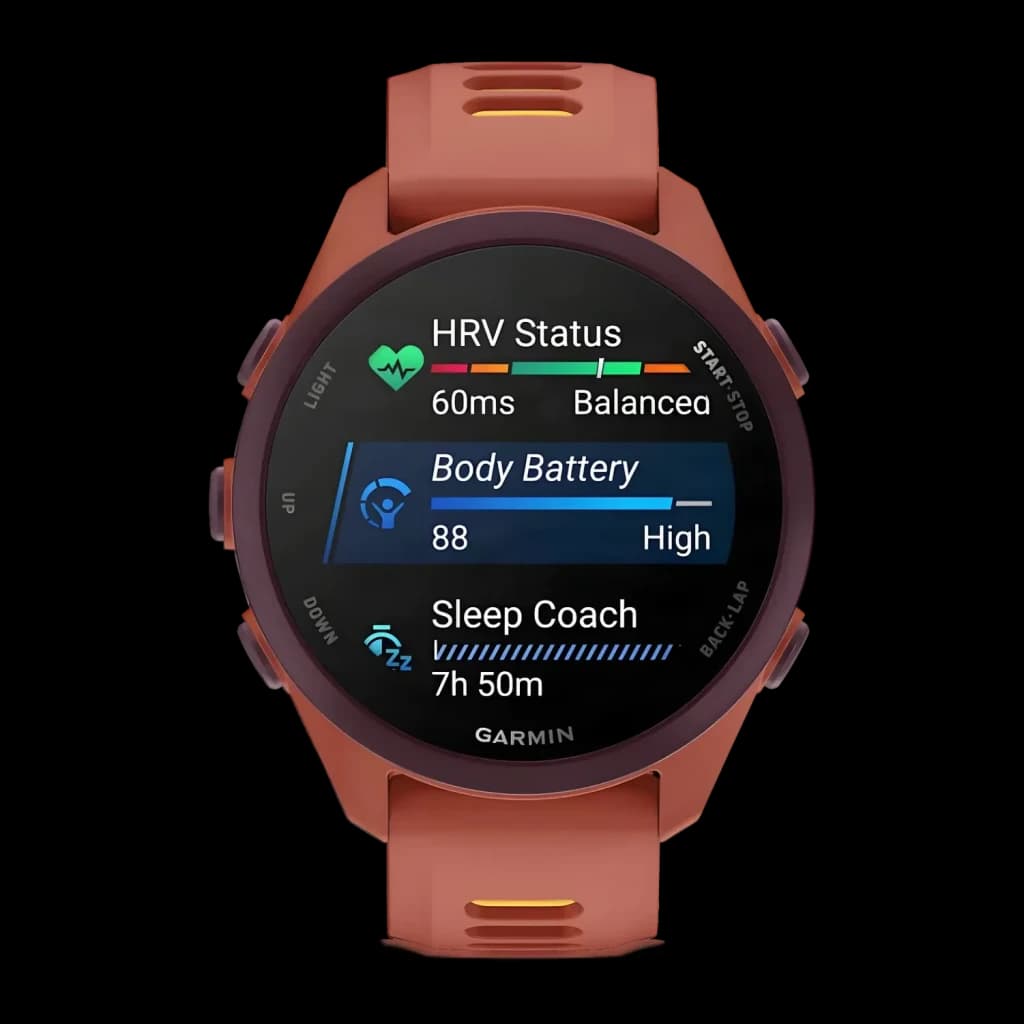 Garmin Forerunner 170 Music 42mm GPS 240h Rose - écran affichant HRV Status, Body Battery et Sleep Coach