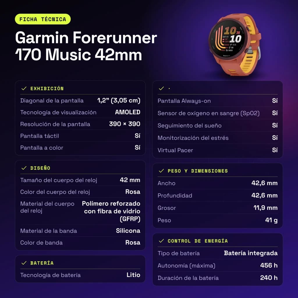 Garmin Forerunner 170 Music 42mm GPS 240h Rose - caractéristiques, Bluetooth