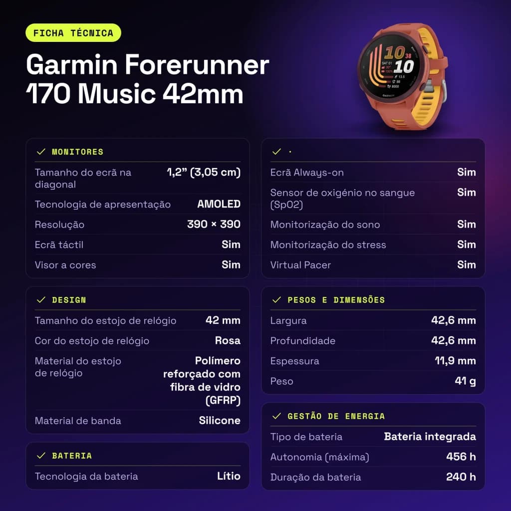 Garmin Forerunner 170 Music 42mm GPS 240h Rose - caractéristiques