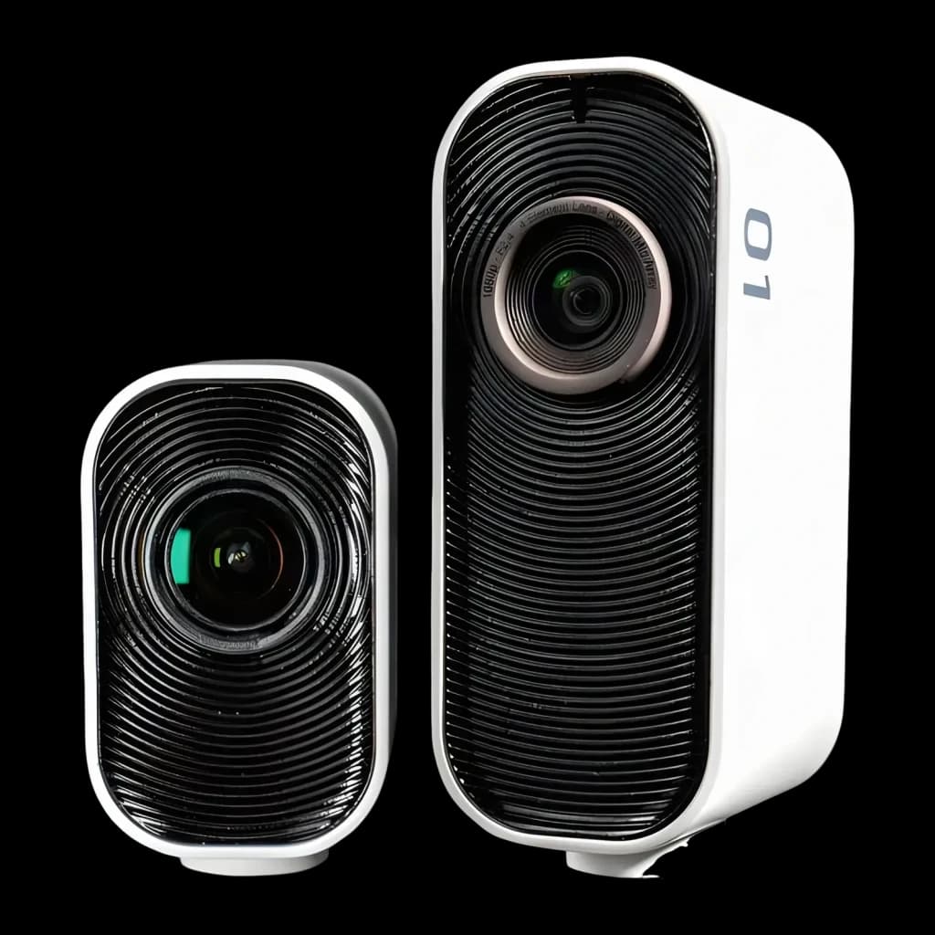 Webcam Creative Project Watcher 4K Microfone Branco - duas unidades com lente e textura de linhas pretas