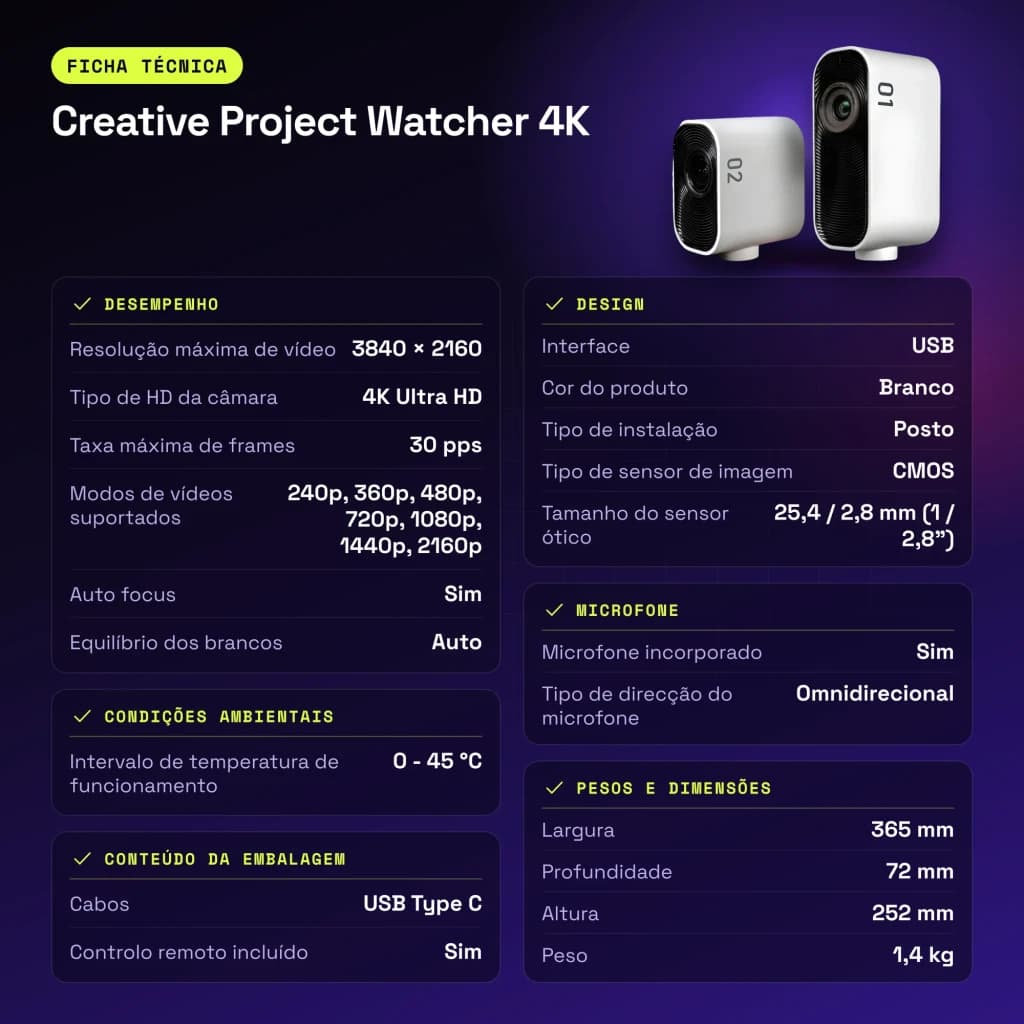Webcam Creative Project Watcher 4K Microfone Branco - características