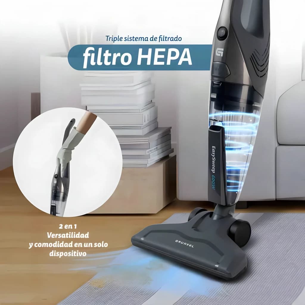 Aspirateur Balai Grunkel ASP-EASY Bleu 16000Pa 600W - filtre HEPA triple système, détail 2en1 et brosse sur le sol