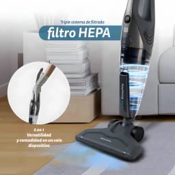 Aspirateur Balai Grunkel ASP-EASY Bleu 16000Pa 600W - filtre HEPA triple système, détail 2en1 et brosse sur le sol