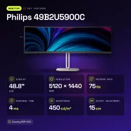 Moniteur Philips 48,8 pouces 1800R Dual QHD VA 75Hz Noir/Argent 49B2U5900C - caractéristiques, LCD