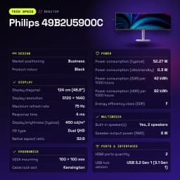 Moniteur Philips 48,8 pouces 1800R Dual QHD VA 75Hz Noir/Argent 49B2U5900C - caractéristiques, 500 cd/m²