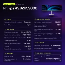 Moniteur Philips 48,8 pouces 1800R Dual QHD VA 75Hz Noir/Argent 49B2U5900C - caractéristiques, 450 cd/m²