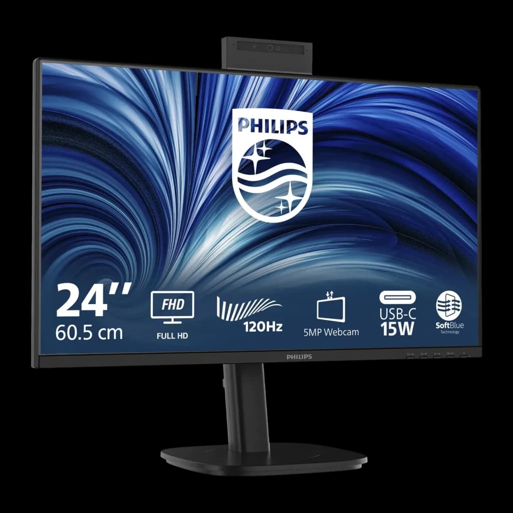 Moniteur Philips 23,8 pouces FHD IPS 120Hz 4 ms Noir 24B2N3200JH - webcam intégrée en haut, icônes FHD