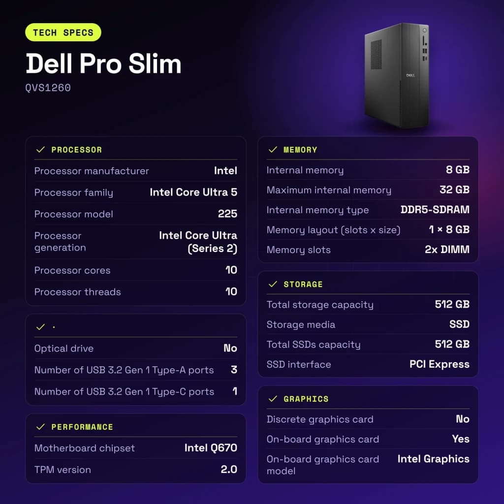 Ordenador Sobremesa Dell Pro Slim 8GB/512GB SSD Negro Intel Core Ultra 5 225 QVS1260 - características, 20 MB