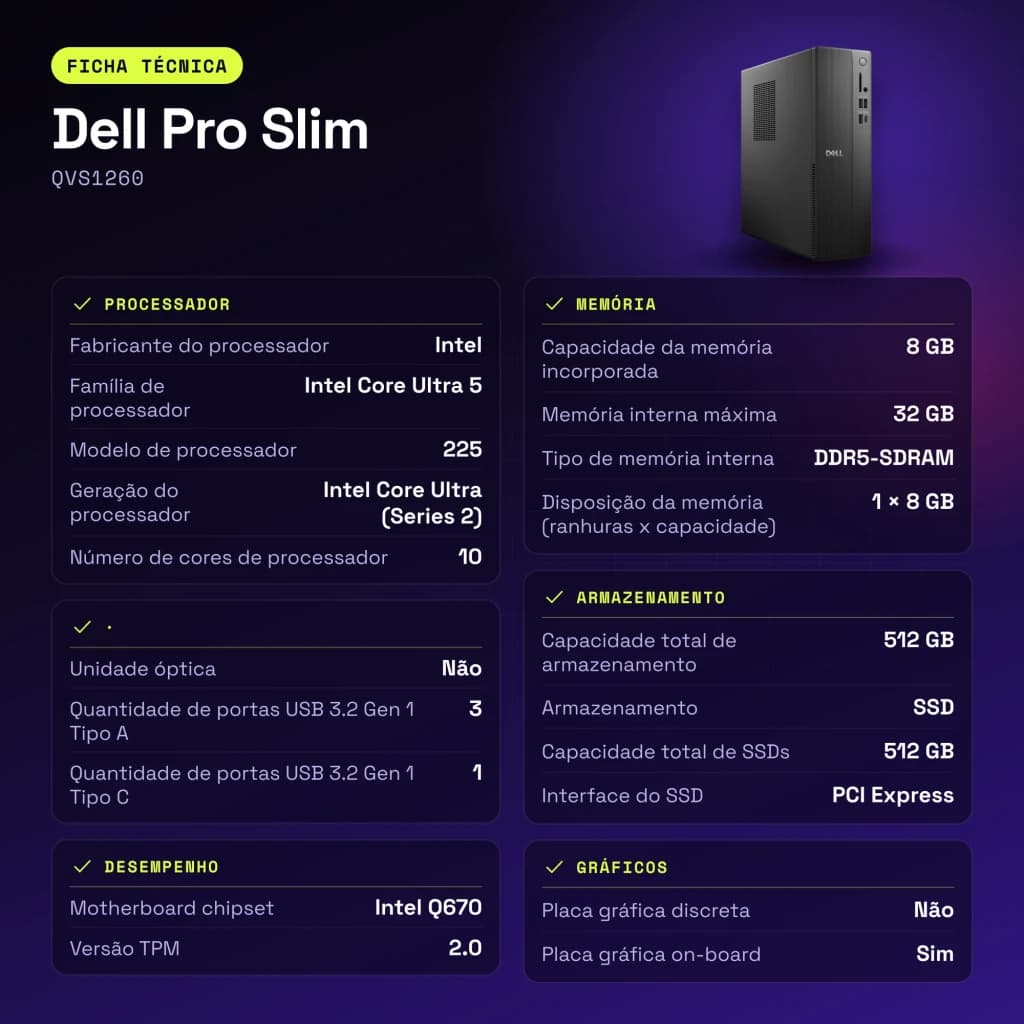 Ordenador Sobremesa Dell Pro Slim 8GB/512GB SSD Negro Intel Core Ultra 5 225 QVS1260 - características, 32 GB