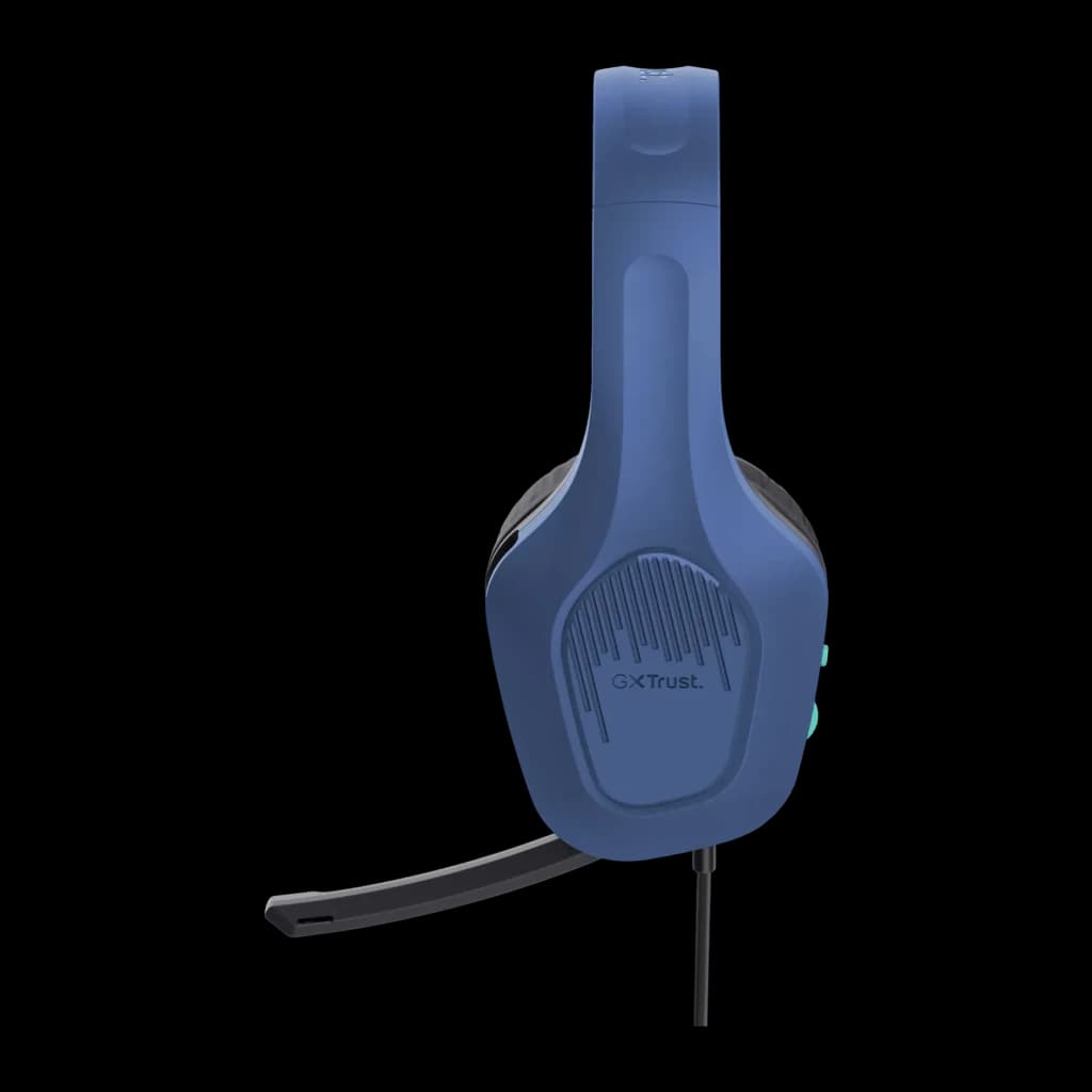 Casque Gaming Trust GXT 415B Zirox Micro Boom Arceau Bleu - coque bleue avec logo GXT Trust, micro boom