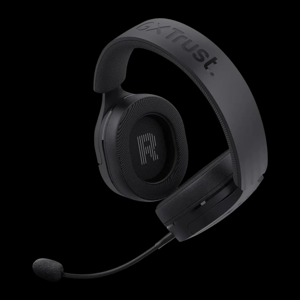Casque Gaming Trust GXT 491 Fayzo Sans Fil RGB Micro Boom Noir - logo GXT Trust sur arceau et micro boom déployé