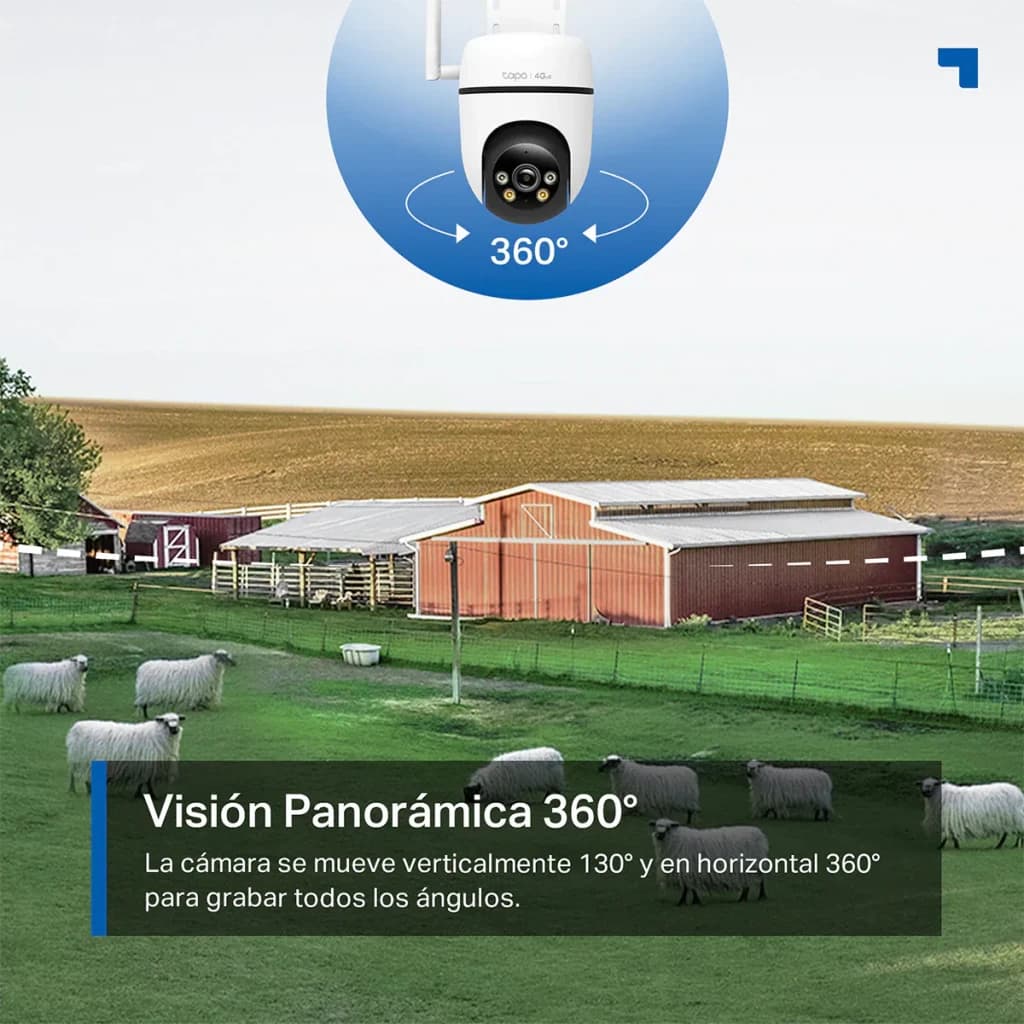 Cámara de Vigilancia TP-Link Tapo 4G 1080p IP66 Blanco TC40GW - icono de giro sobre escena rural con ovejas