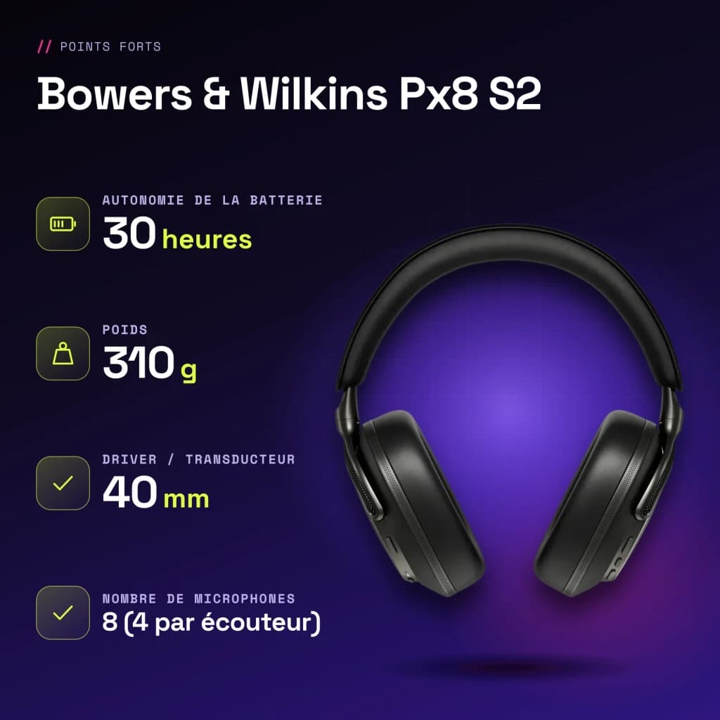 Casque supra-aural Bowers & Wilkins Px8 S2 Réduction de Bruit Adaptative Warm Stone Noir - caractéristiques, USB-C