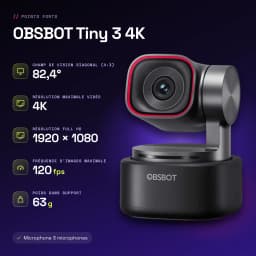 Webcam OBSBOT Tiny 3 4K avec Microphone Noire - caractéristiques, 1920 × 1080 a 120 fps